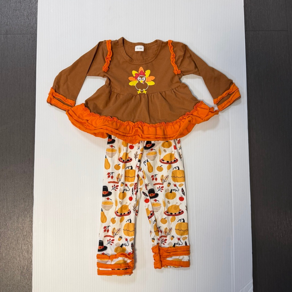 Baby Girl Matching Set 12-18 Months Brown Orange Thanksgiving Turkey
